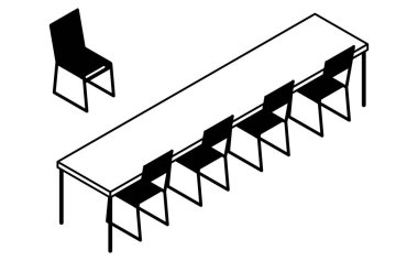 Sorgu odasında uzun bir masa ve sandalyenin basit ve şirin izometrik çizgisi, Vector Illustration