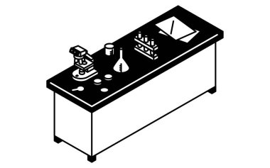 Basit ve şirin izometrik çizgiler. Bilim laboratuarı masası, mikroskop ve test tüpleri, vektör illüstrasyonu.
