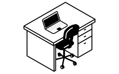 Düzenli bir masanın basit ve şirin izometrik çizgisi çizimi sadece bir dizüstü bilgisayarla, Vektör İllüstrasyonu