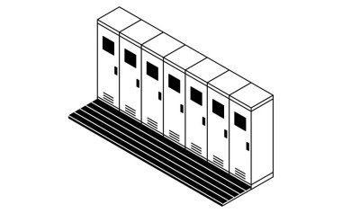 Soyunma odaları ve soyunma odaları olan bir soyunma odasının basit ve şirin izometrik çizgisi, Vector Illustration