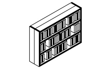 Kütüphane veya referans odasındaki kısa bir kitaplığın basit ve şirin izometrik çizgisi çizimi, Vektör İllüstrasyonu