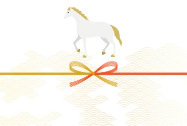 Atın 2026 yılındaki yılbaşı kartı, Beyaz At ve Mizuhiki ile Japon Desen Arkaplanı - Çevirisi: Bu yıl tekrar teşekkürler. Reiwa 8.