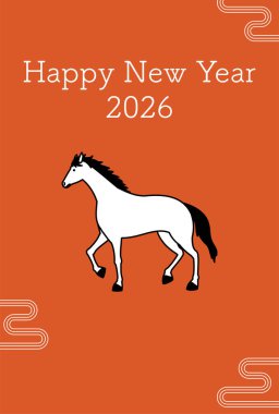At 2026 yılı için basit bir yılbaşı kartı, sarmalanmış bir atı olan Japonca geçmişi - Çevirisi: Bu yıl tekrar teşekkürler. Reiwa 8.