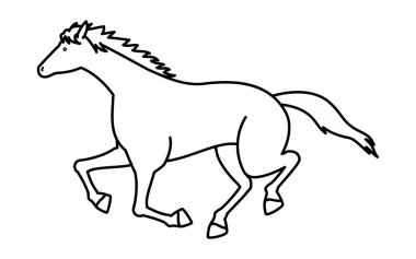 Koşan bir atın basit çizgi çizimi, siyah-beyaz çizimi, Vektör İllüstrasyonu