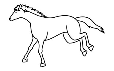 Koşan bir atın basit çizgi çizimi, siyah-beyaz çizimi, Vektör İllüstrasyonu