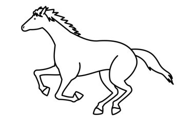 Koşan bir atın basit çizgi çizimi, siyah-beyaz çizimi, Vektör İllüstrasyonu