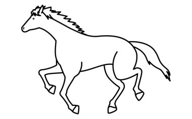 Koşan bir atın basit çizgi çizimi, siyah-beyaz çizimi, Vektör İllüstrasyonu