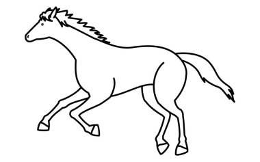 Koşan bir atın basit çizgi çizimi, siyah-beyaz çizimi, Vektör İllüstrasyonu