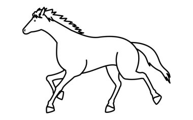 Koşan bir atın basit çizgi çizimi, siyah-beyaz çizimi, Vektör İllüstrasyonu