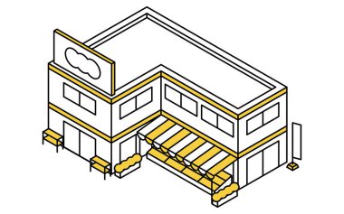 İki katlı bir süpermarket ya da eczane resmi, basit çizgi çizimleri olan izometrik illüstrasyon, Vektör İllüstrasyonu