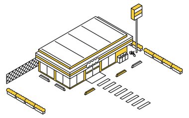 Arabası olmayan bir mağaza, basit çizgi sanatıyla izometrik illüstrasyon, Vektör İllüzyonu
