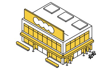 İki katlı bir süpermarket ya da eczane resmi, basit çizgi çizimleri olan izometrik illüstrasyon, Vektör İllüstrasyonu