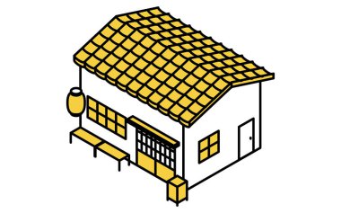 Japon stili izakaya 'nın kırmızı fenerli ve kiremitli çatısı, basit çizgi sanat vektörü, Vektör İllüstrasyonu' nun Isometric çizimi