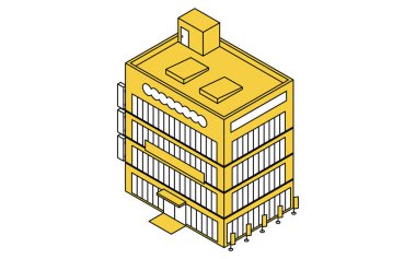 Büyük bir ticari tesisin Isometric illüstrasyonu, basit çizgi sanat vektör tarzı mimarisi, Vektör İllüstrasyonu