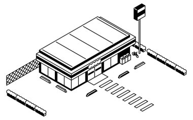 Park yerinde arabası olmayan bir mağaza, basit siyah beyaz çizim izometrik illüstrasyon, Vector Illustration