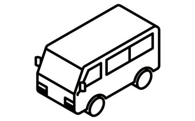 Van, basit siyah beyaz çizgi çizimleriyle izometrik illüstrasyon, Vektör İllüstrasyonu