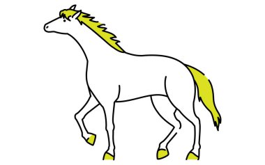 Beyaz at basit çizim sarı-yeşil yeleli kuyruk ve toynaklar minimal düz stil, Vektör İllüzyonu