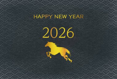 2026 yılı için yeni yıl kartı, altın at silueti ve 2026 yılı, Japon desenli mavi deniz dalgaları.