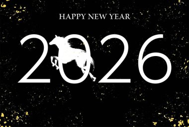 Beyaz At, Siyah Arkaplan ve Altın Sıçratma Tasarımı, Vektör İllüstrasyonlu Japon Yeni Yıl Şablonu 2026