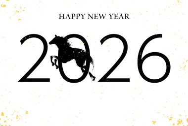 2026 yılı için siyah at silueti ve altın folyo tasarımı içeren beyaz arka plan yılbaşı kartı şablonu, atın yılı, Vector Illustration