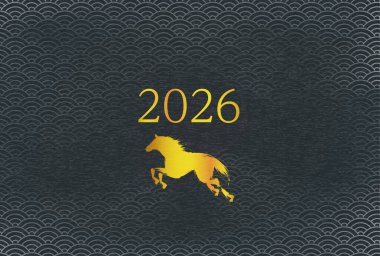 2026 yılı için yeni yıl kartı, altın at silueti ve 2026 yılı, Japon desenli mavi deniz dalgaları.