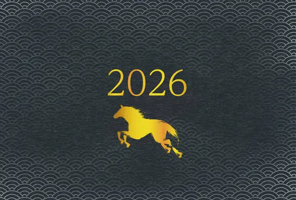 2026 yılı için yeni yıl kartı, altın at silueti ve 2026 yılı, Japon desenli mavi deniz dalgaları.