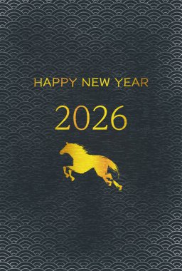 2026 yılı için yeni yıl kartı, altın at silueti ve 2026 yılı, Japon desenli mavi deniz dalgaları.