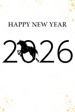 2026 yılı için siyah at silueti ve altın folyo tasarımı içeren beyaz arka plan yılbaşı kartı şablonu, atın yılı, Vector Illustration