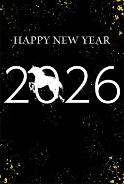 Beyaz At, Siyah Arkaplan ve Altın Sıçratma Tasarımı, Vektör İllüstrasyonlu Japon Yeni Yıl Şablonu 2026