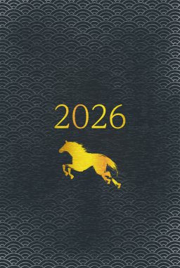 2026 yılı için yeni yıl kartı, altın at silueti ve 2026 yılı, Japon desenli mavi deniz dalgaları.