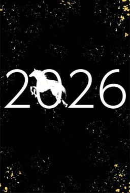 Beyaz At, Siyah Arkaplan ve Altın Sıçratma Tasarımı, Vektör İllüstrasyonlu Japon Yeni Yıl Şablonu 2026