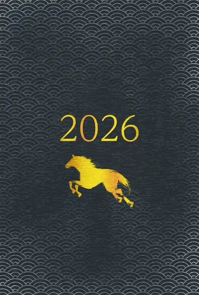 2026 yılı için yeni yıl kartı, altın at silueti ve 2026 yılı, Japon desenli mavi deniz dalgaları.