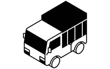 Araç simgesi, basit ve şirin izometrik siyah beyaz çizgi çizimi kapüşonlu bir ışık kamyonu simgesi, Vektör Resimleri