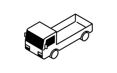 Araç simgesi, basit ve şirin izometrik siyah beyaz çizgi çizimi düz gövdeli bir kamyonun simgesi, Vector Illustration