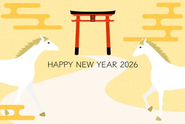 2026 yılının yeni yıl tebrik kartı, at ilk defa bir tapınağın gövdesine gidiyor, yeni yılın kartpostal malzemesi, Vektör İllüzyonu.