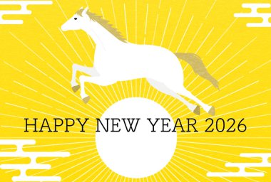 2026 yılının yılbaşı kartpostalı, yeni yılın gün doğumu ve beyaz at, yeni yılın kartpostal malzemesi, Vektör İllüstrasyonu.