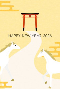 2026 yılının yeni yıl tebrik kartı, at ilk defa bir tapınağın gövdesine gidiyor, yeni yılın kartpostal malzemesi, Vektör İllüzyonu.