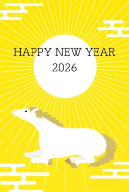 2026 yılının yılbaşı kartpostalı, yeni yılın gün doğumu ve beyaz at, yeni yılın kartpostal malzemesi, Vektör İllüstrasyonu.