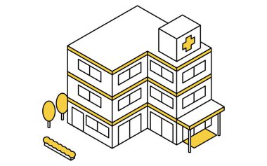 Şehir manzarasında giriş, tabela ve tıbbi tesis mimarisi olan basit bir hastane binasının Isometric çizgisi çizimi, Vector Illustration