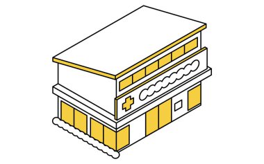 Küçük bir şehir kliniğine giriş ve çıkış tabelaları olan Isome çizgisi sanatı, minimum şehir tıbbi tesisi, Vektör İllüzyonu