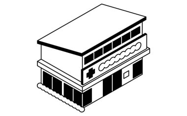 Küçük bir şehir kliniğine giriş ve çıkış tabelaları, minimum şehir tıbbi tesisi, siyah-beyaz, Vektör İllüstrasyonu