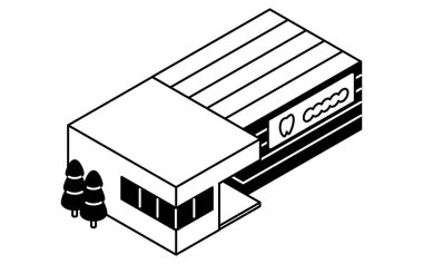Tabela ve girişi olan basit bir dişçi kliniğinin izometrik çizgisi çizimi, şehirdeki bir dişçi muayenehanesinin izometrik görüntüsü, siyah ve beyaz, Vektör İllüzyonu