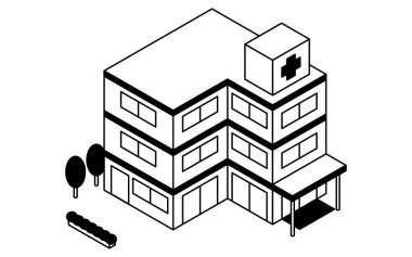 Şehir manzarasında giriş, tabela ve tıbbi tesis mimarisi olan basit bir hastane binasının Isometric çizgisi çizimi, siyah-beyaz, Vector Illustration