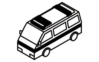 Otobüs durağı, otobüs durağı, şehir manzarası minimum düzeyde park edilmiş otobüs ve taksi, siyah ve beyaz, Vector Illustration