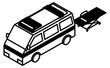 Otobüs durağı, otobüs durağı, şehir manzarası minimum düzeyde park edilmiş otobüs ve taksi, siyah ve beyaz, Vector Illustration