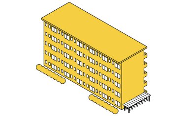 Bisiklet parkı, yeşillik ve geçmişe dönük mimarisi olan beş katlı eski bir Japon toplu konut kompleksinin Isometric çizimi, Vector Illustration