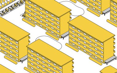 Bisikletli, arabalı ve peyzajlı eski Japon apartman komplekslerinin sarı ve beyaz renkli çizimleri, Vector Illustration