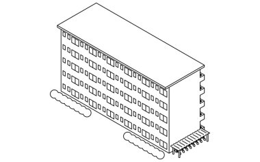Bisiklet parkı, yeşillik ve geçmişe dönük mimarisi olan beş katlı eski bir Japon toplu konut kompleksinin özgün çizimi, siyah beyaz, Vector Illustration