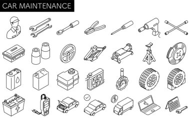 Lastik ve yağ değişimi, siyah ve beyaz, vektör illüstrasyonu gibi periyodik denetimler için basit ve şirin çizim simgesi, izometrik, illüstrasyon