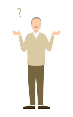 Karmaşık duruşu olan kıdemli adam, şüpheyi ifade etmek için ellerini açıyor, Vektör İllüstrasyonu.